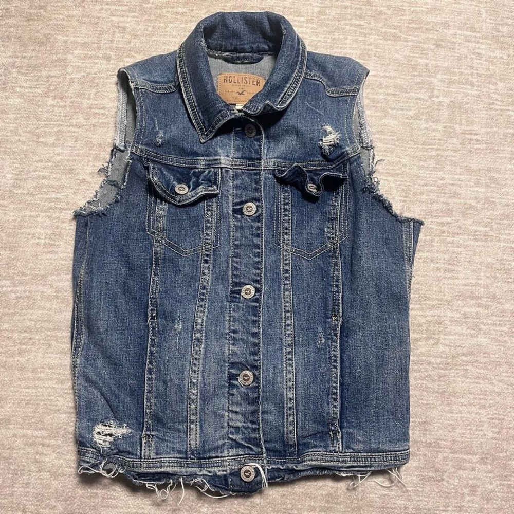 Hollister Distressed Denim Jean Vest Women's Small Blue Frayed Cut Off‎ Y2K